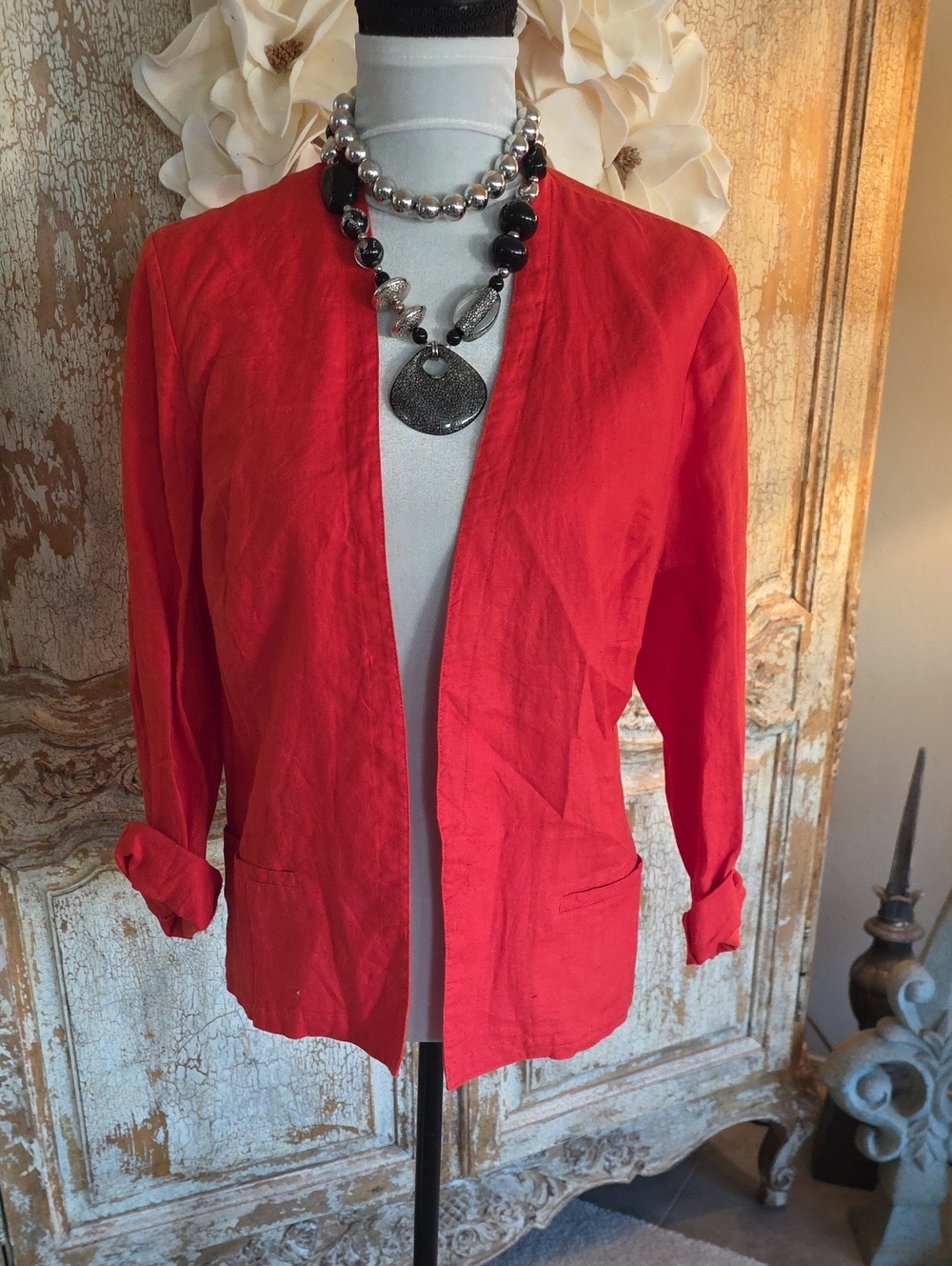Tahari Open-Front Orange Red Linen Blazer Jacket XL